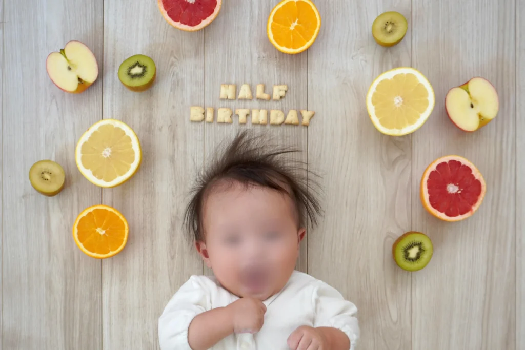 ハーフカット果実を使ったハーフバースデー写真